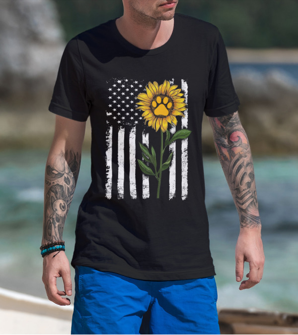 Sunflower Paw American Flag Vertical Stripes T-Shirt