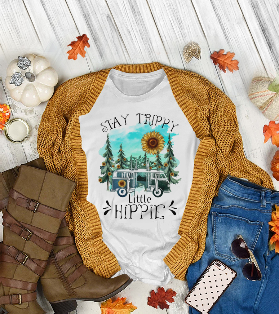 Stay Trippy Little Hippie Sunflower Van Among Forest Pines T-Shirt
