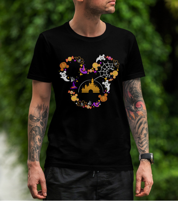 Disney Halloween Mickey Ears Castle Ghosts Spider Web Candy Icons T-Shirt