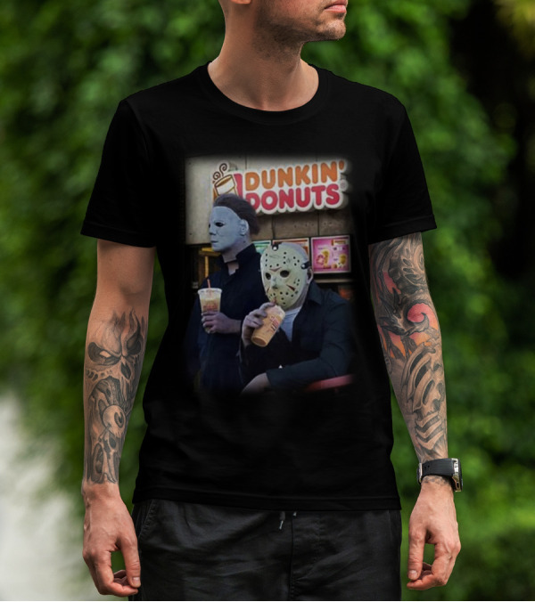Michael Myers And Jason Voorhees At Dunkin' Donuts Holding Drinks T-Shirt