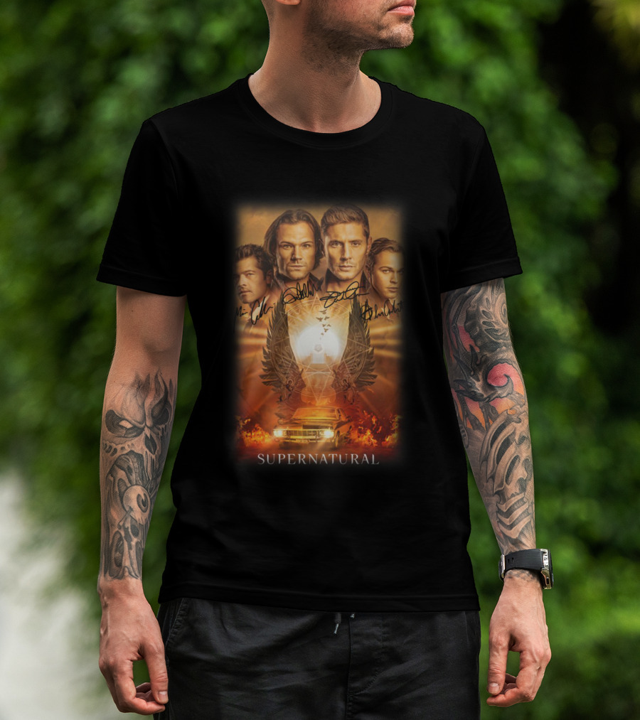 Supernatural Cast Autograph Collage With Angelic Symbol And Impala Flame Scene T-Shirt