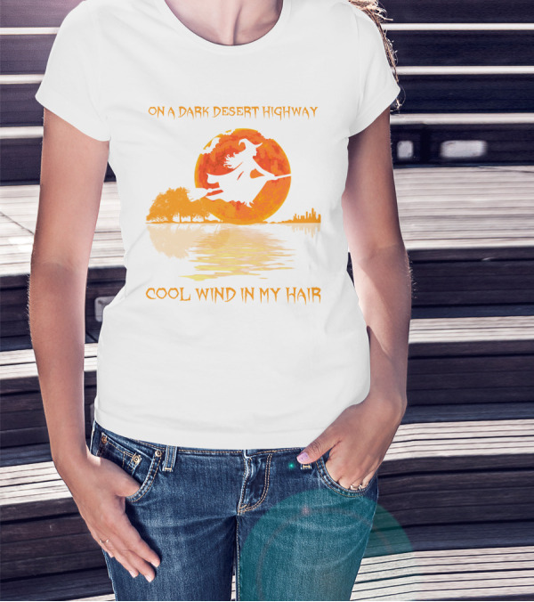 Witch Flying Over Moonlit Desert Highway Cool Wind In My Hair T-Shirt