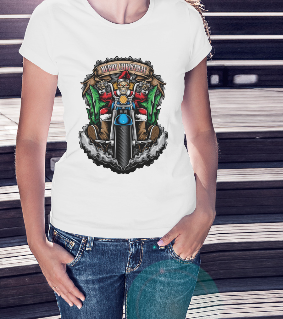 Skeleton Santa Biker Merry Christmas T-Shirt