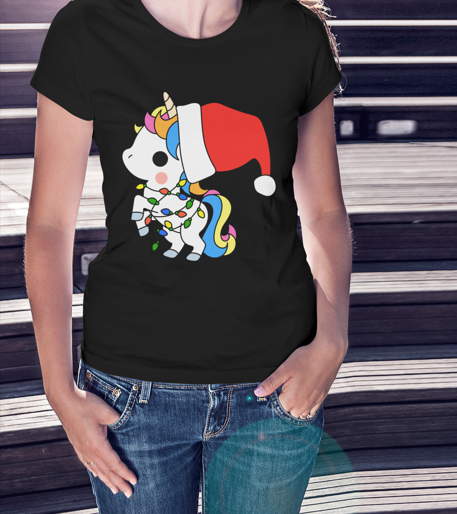 Unicorn Santa Christmas Lights Festive Fantasy T-Shirt
