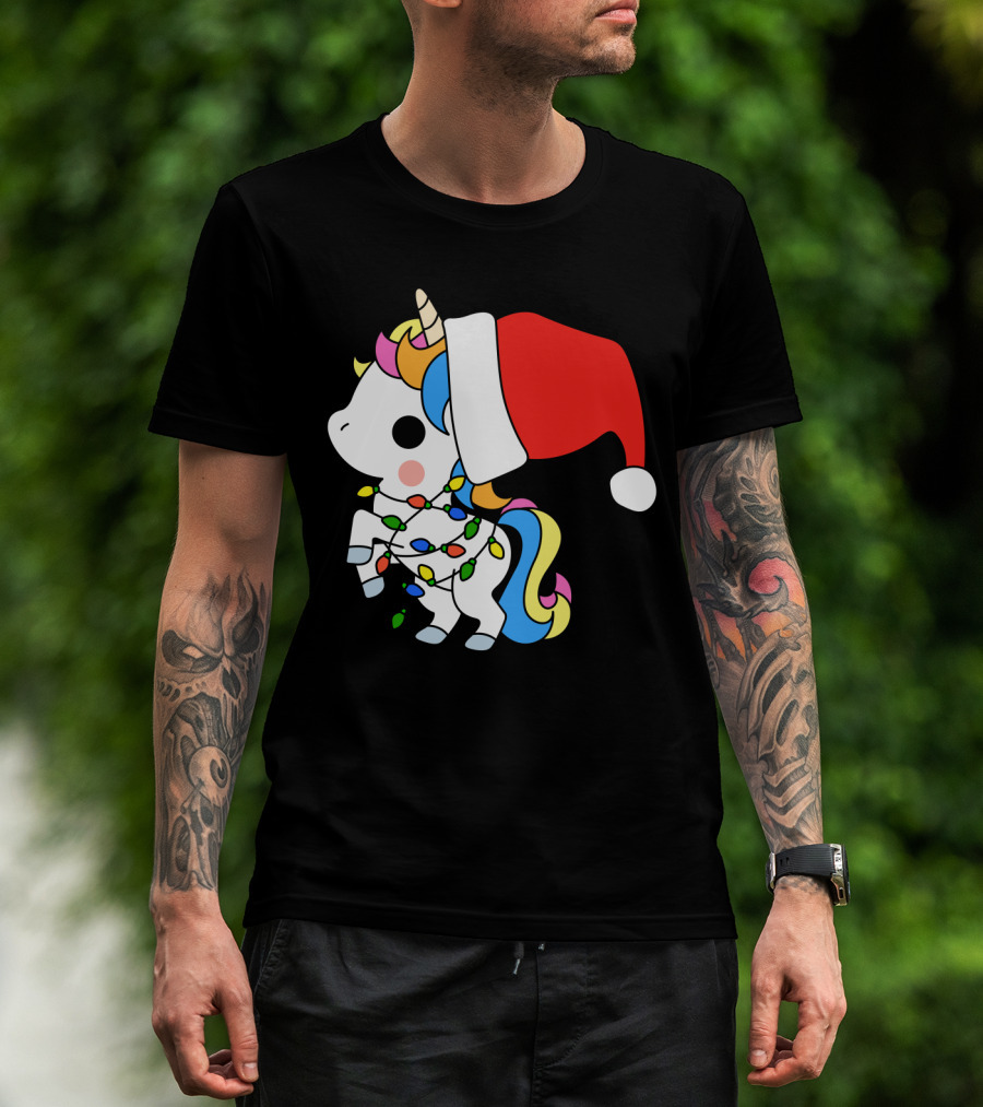 Unicorn Santa Christmas Lights Festive Fantasy T-Shirt
