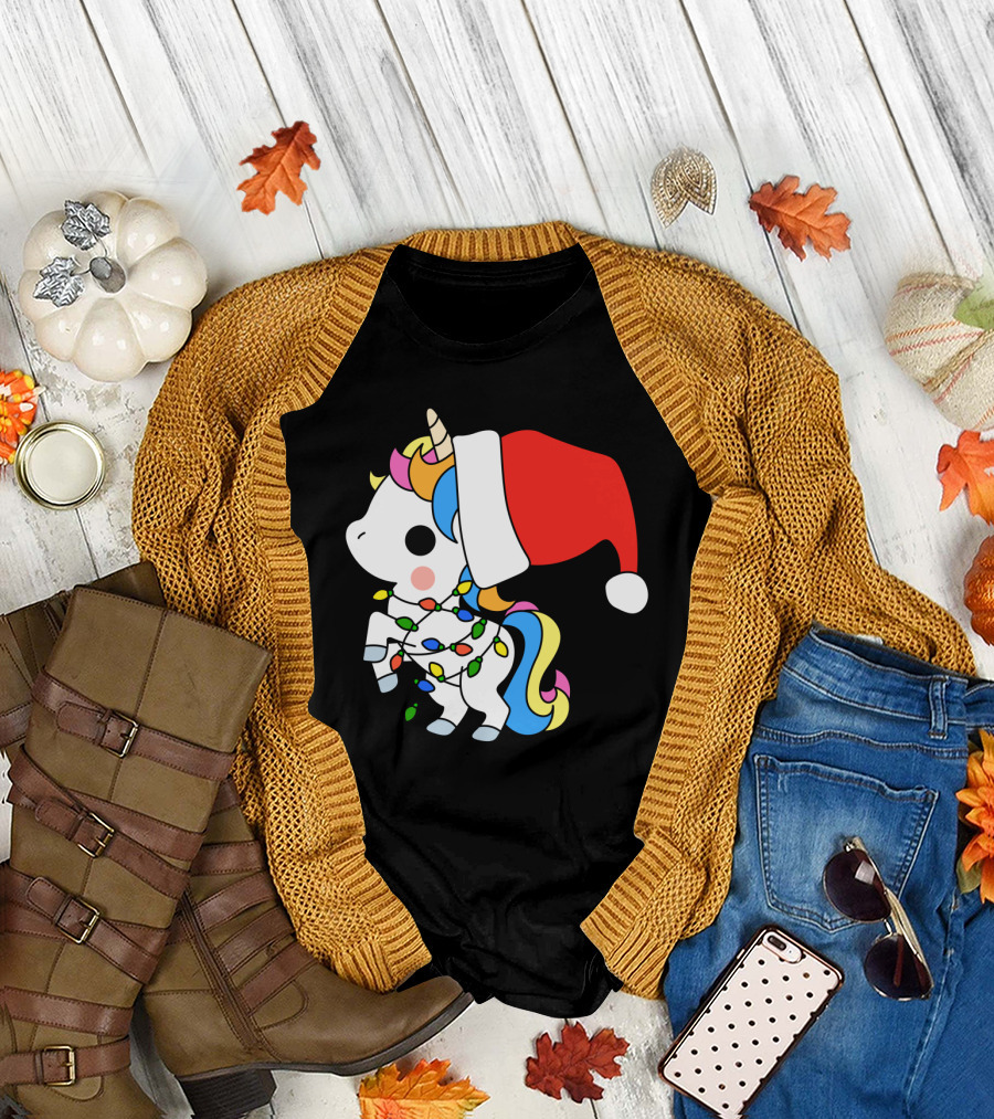 Unicorn Santa Christmas Lights Festive Fantasy T-Shirt