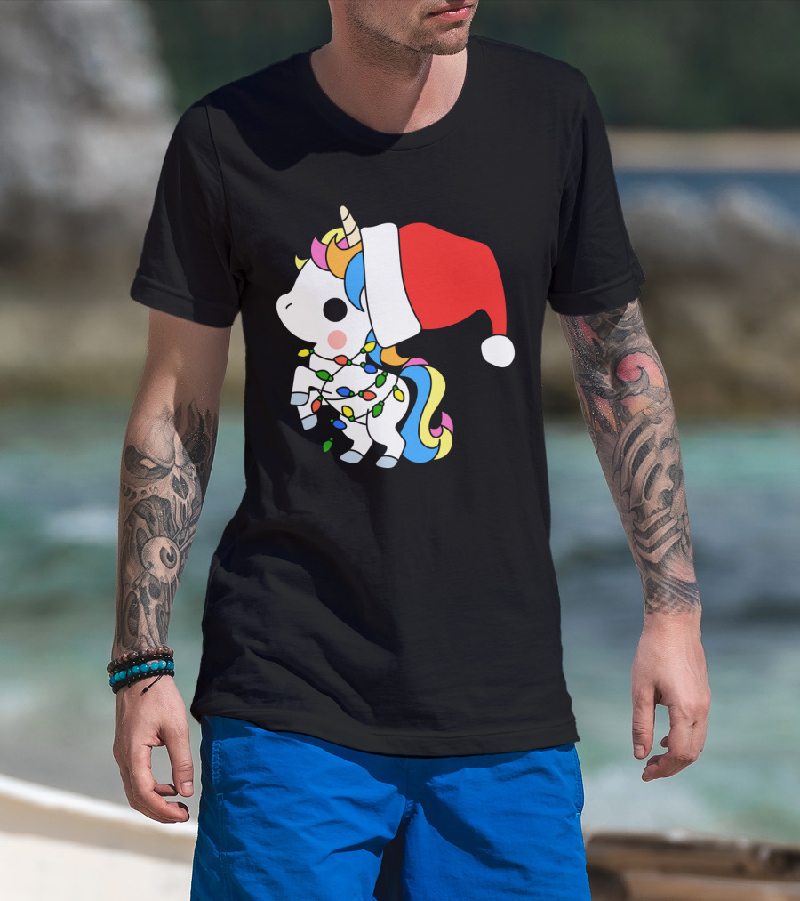 Unicorn Santa Christmas Lights Festive Fantasy T-Shirt