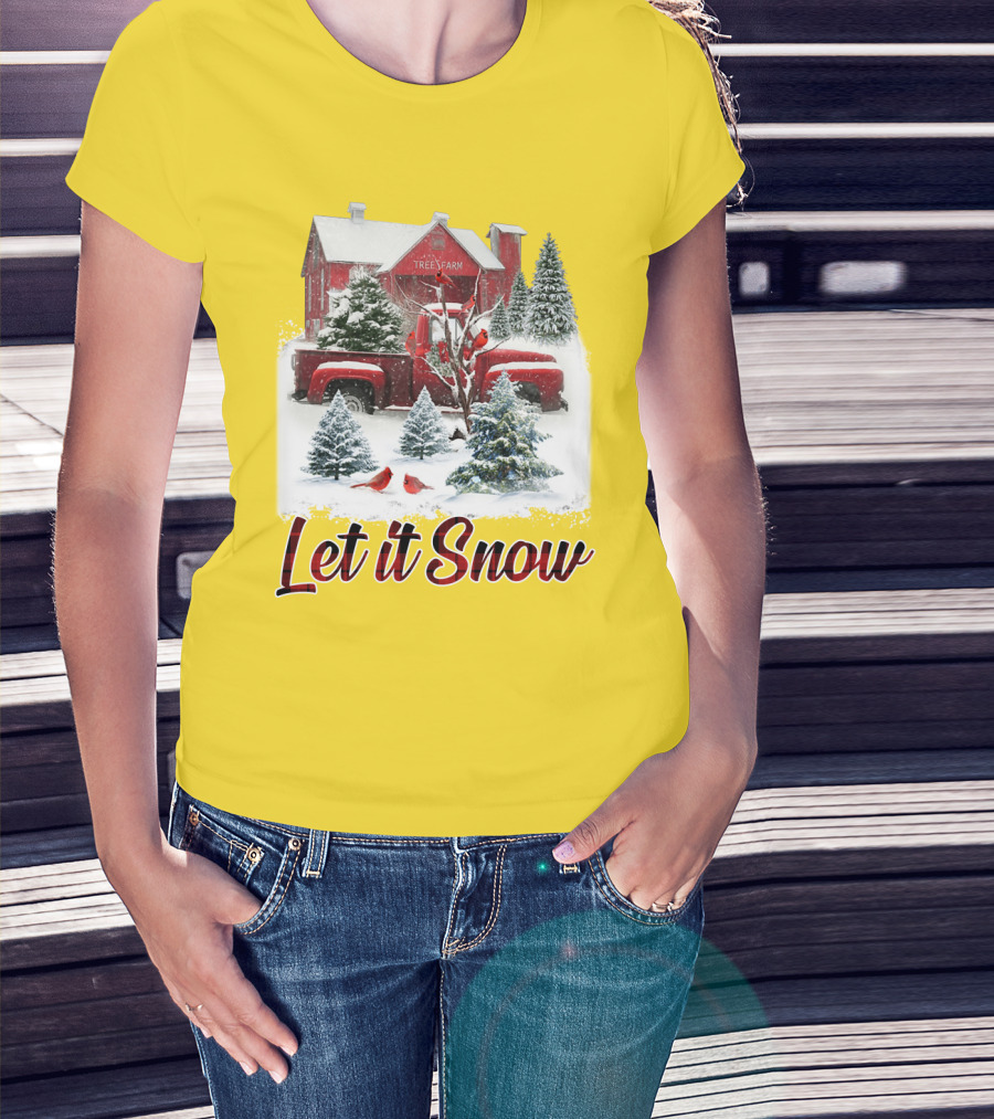 Let It Snow Cardinal Birds Red Tree Farm Holiday Scene T-Shirt