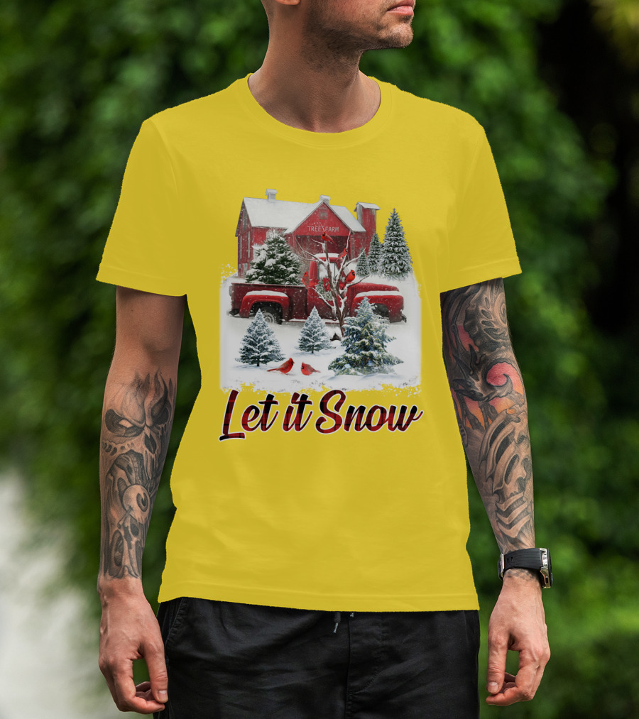 Let It Snow Cardinal Birds Red Tree Farm Holiday Scene T-Shirt