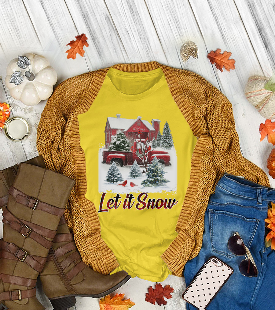 Let It Snow Cardinal Birds Red Tree Farm Holiday Scene T-Shirt