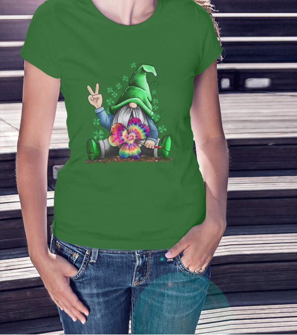 Hippie Gnome Irish With Tie-Dye Shamrock And Peace Sign T-Shirt
