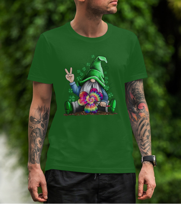 Hippie Gnome Irish With Tie-Dye Shamrock And Peace Sign T-Shirt