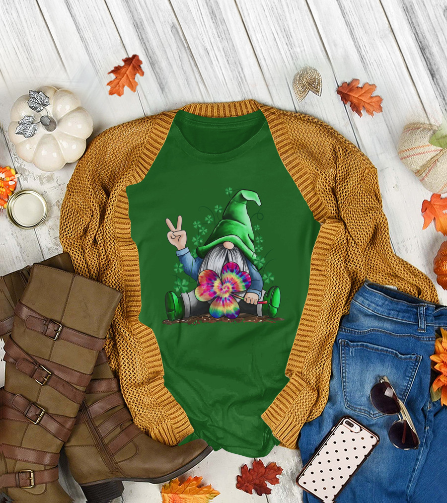 Hippie Gnome Irish with Tie-Dye Shamrock and Peace Sign T-Shirt