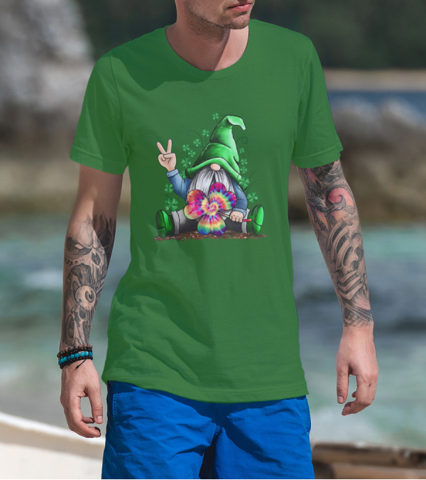 Hippie Gnome Irish With Tie-Dye Shamrock And Peace Sign T-Shirt