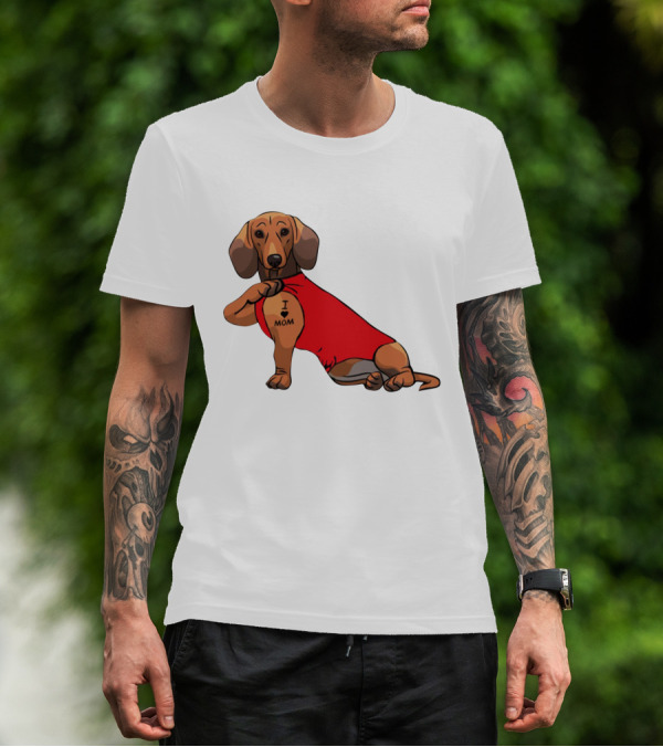 I Love Mom Dachshund Tattoo Puppy In Red T-Shirt