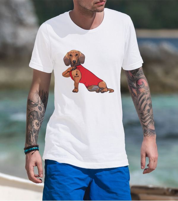 I Love Mom Dachshund Tattoo Puppy In Red T-Shirt