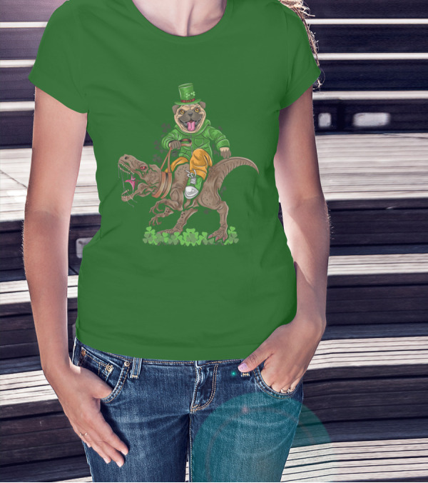 St Patricks Day Pug Puppy Riding Dinosaur Rex With Shamrocks And Leprechaun Hat T-Shirt
