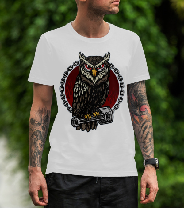 Owl And Piston Motorbike Enthusiast Chain Flame Background T-Shirt