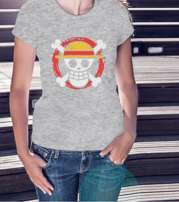 Straw Hat Luffy Jolly Roger Icon On Red Circular Emblem T-Shirt