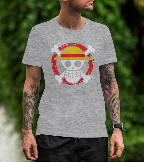 Straw Hat Luffy Jolly Roger Icon On Red Circular Emblem T-Shirt