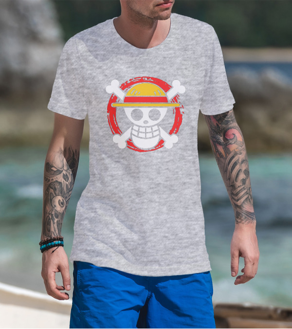 Straw Hat Luffy Jolly Roger Icon On Red Circular Emblem T-Shirt