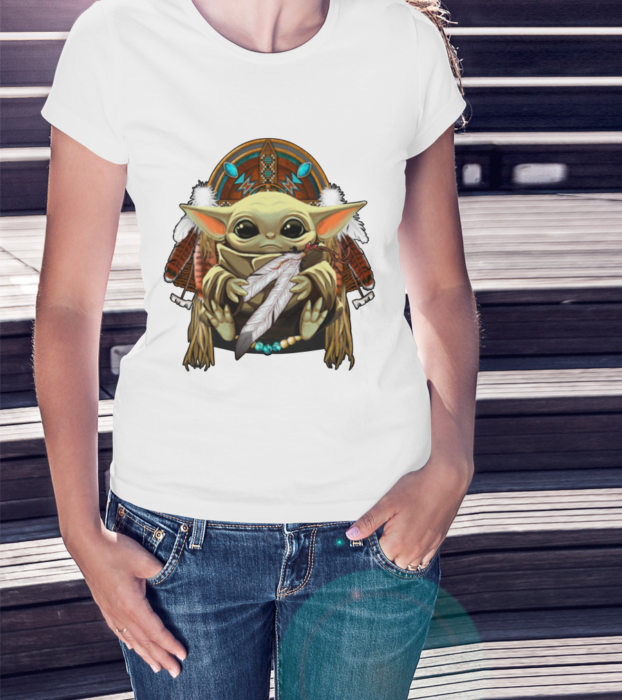 Baby Yoda Native American Headdress Feathers And Beads T-Shirt
