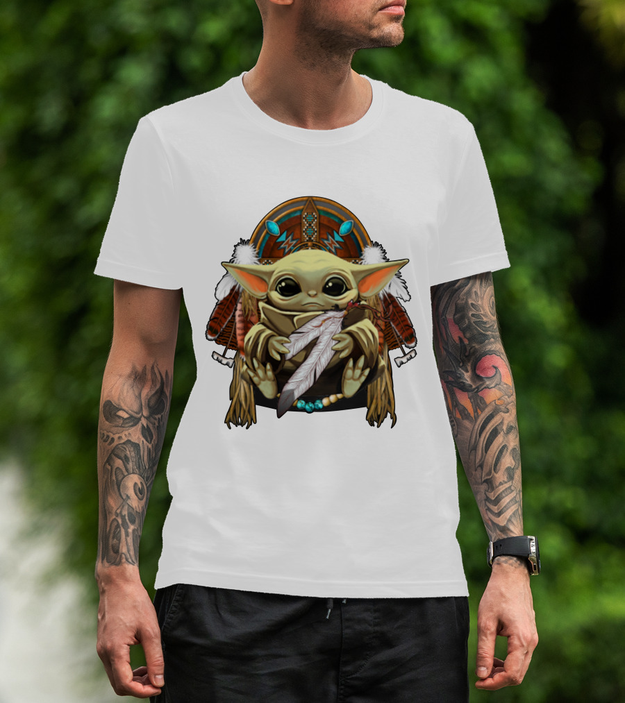 Baby Yoda Native American Headdress Feathers And Beads T-Shirt