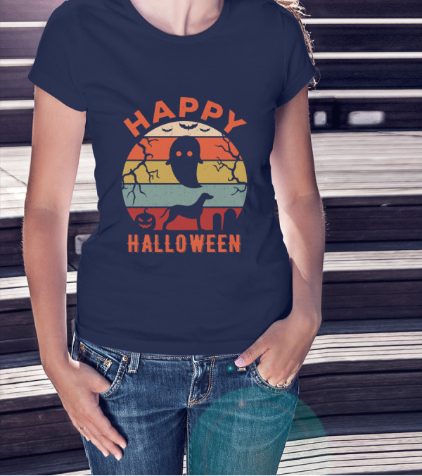 Happy Halloween Dalmatian Dog Ghost Pumpkin Retro Stripes T-Shirt