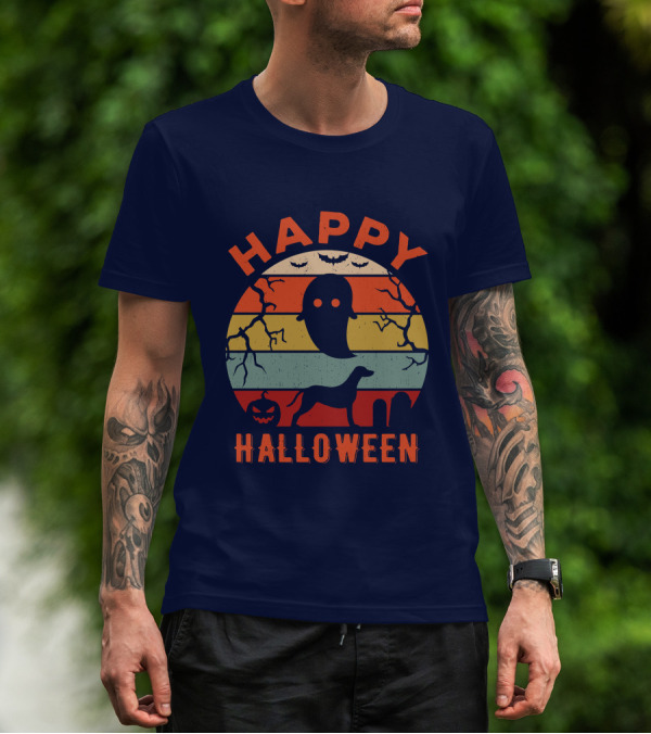 Happy Halloween Dalmatian Dog Ghost Pumpkin Retro Stripes T-Shirt