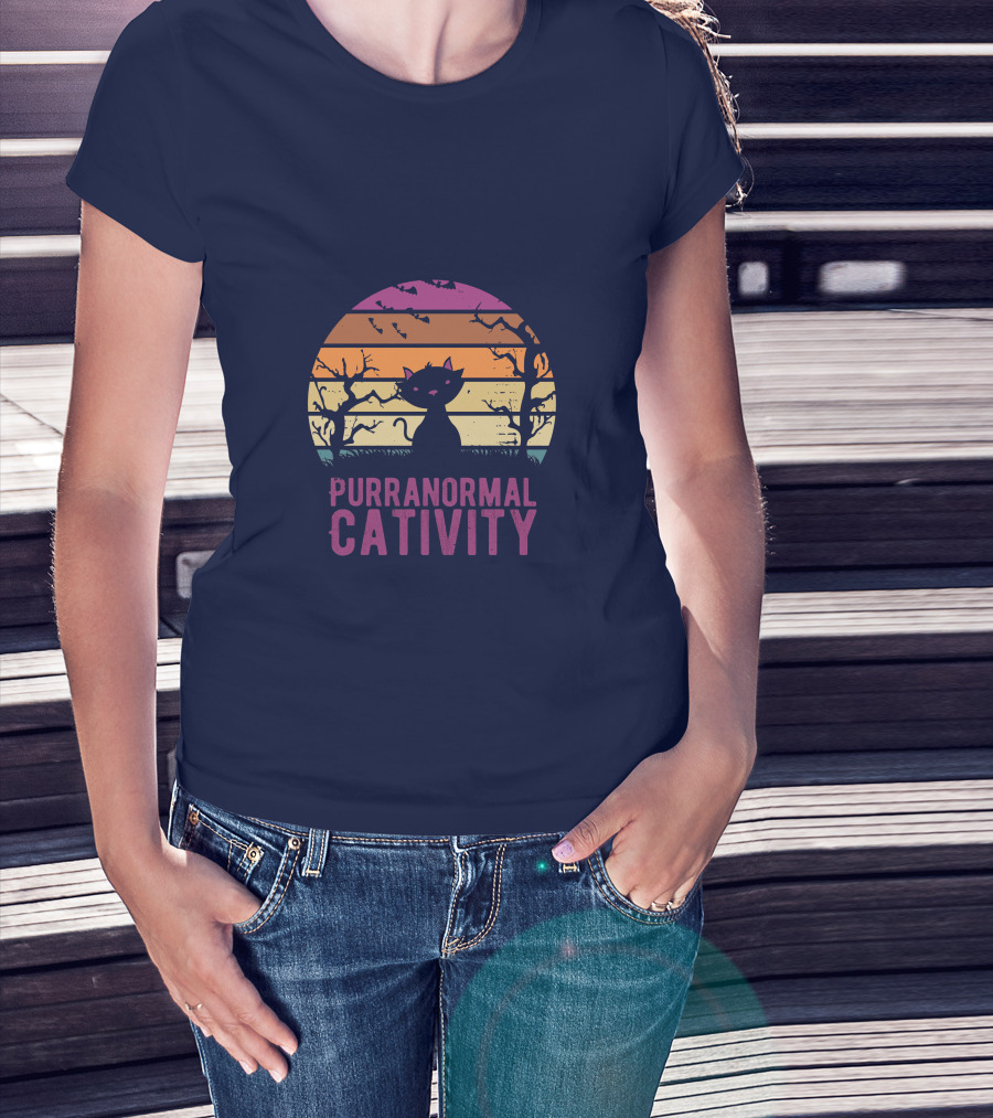 Purranormal Cativity Spooky Cat Silhouette With Bats And Trees T-Shirt