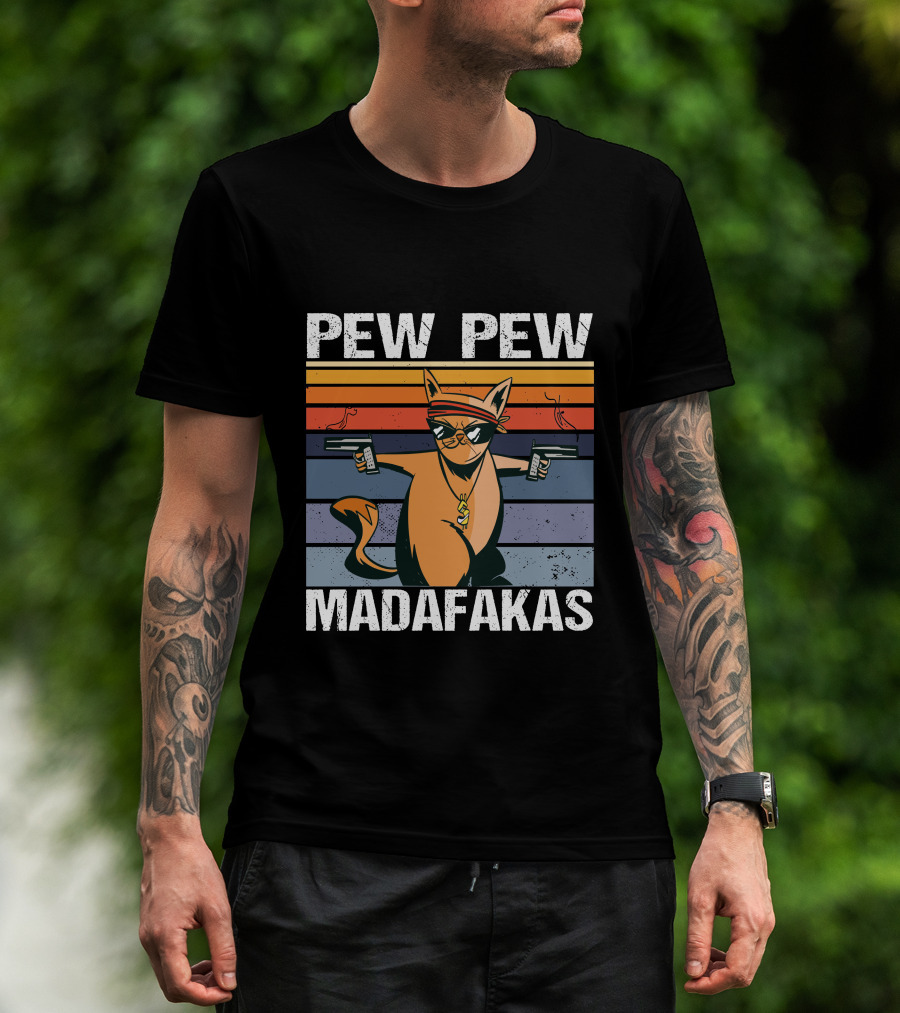 Pew Pew Madafakas Cat With Sunglasses And Retro Stripes T-Shirt