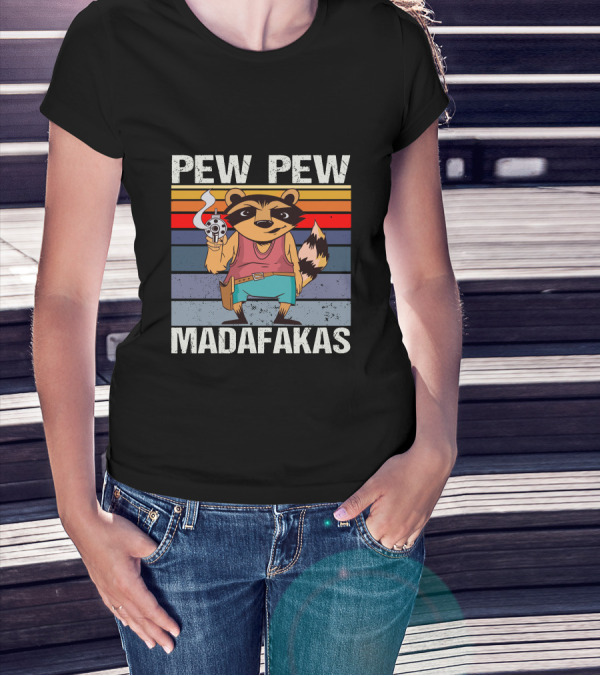 Pew Pew Madafakas Raccoon Retro Stripes Smoking Gun T-Shirt