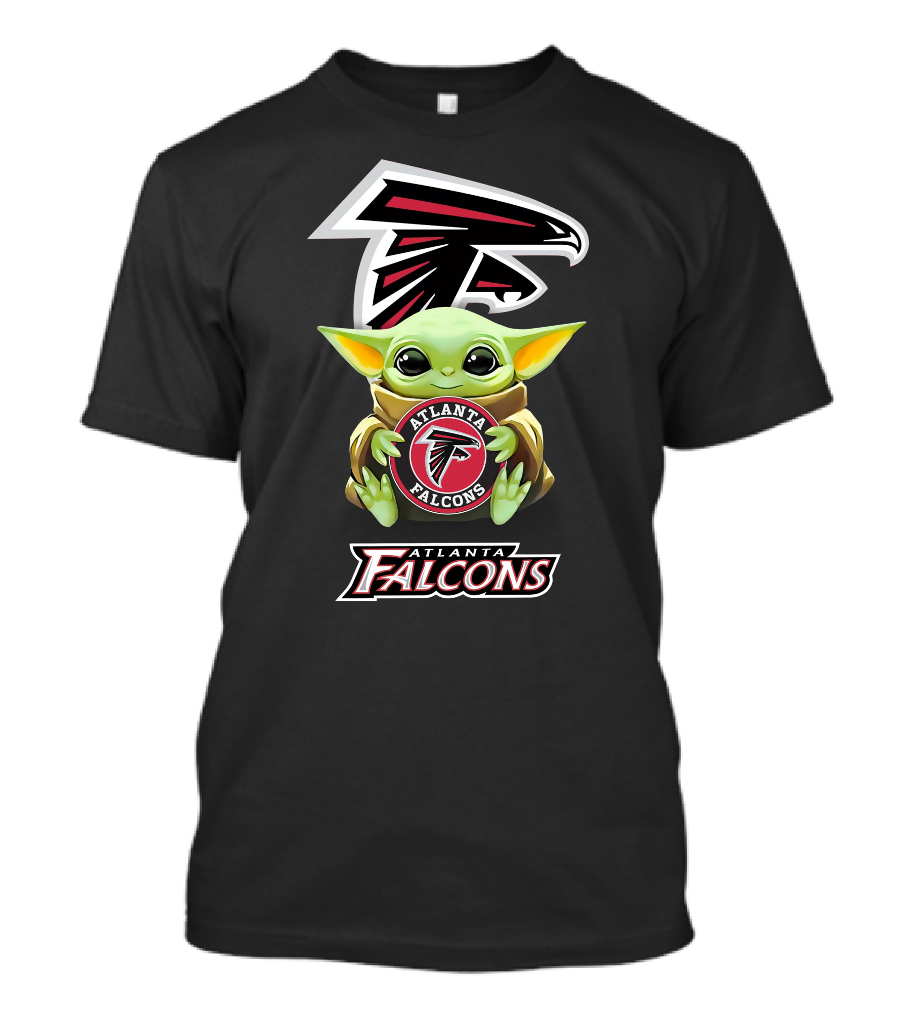 Baby Yoda Holding Atlanta Falcons Emblem Logo Fan T-Shirt