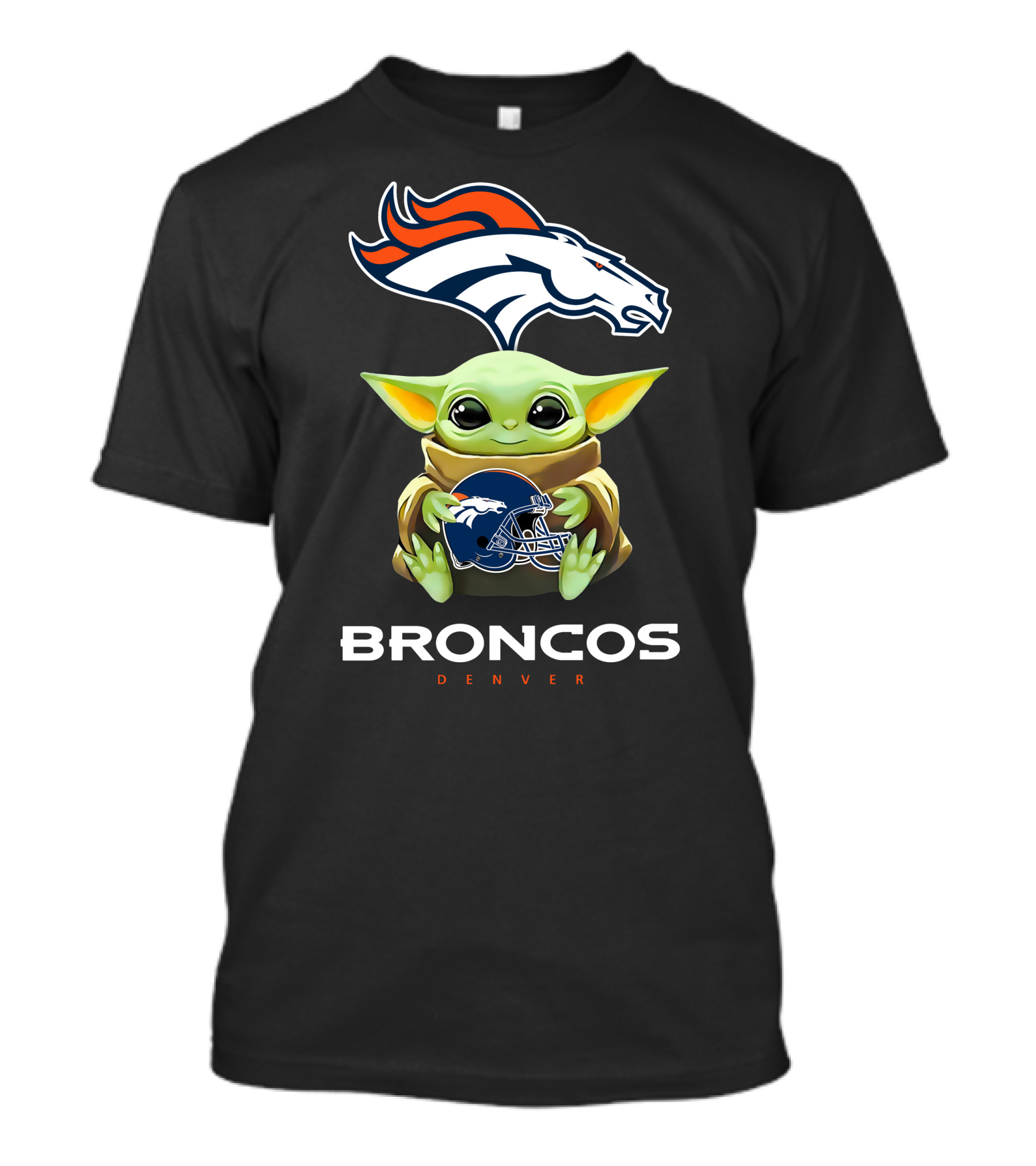 Baby Yoda Holding Denver Broncos Helmet With Broncos T-Shirt