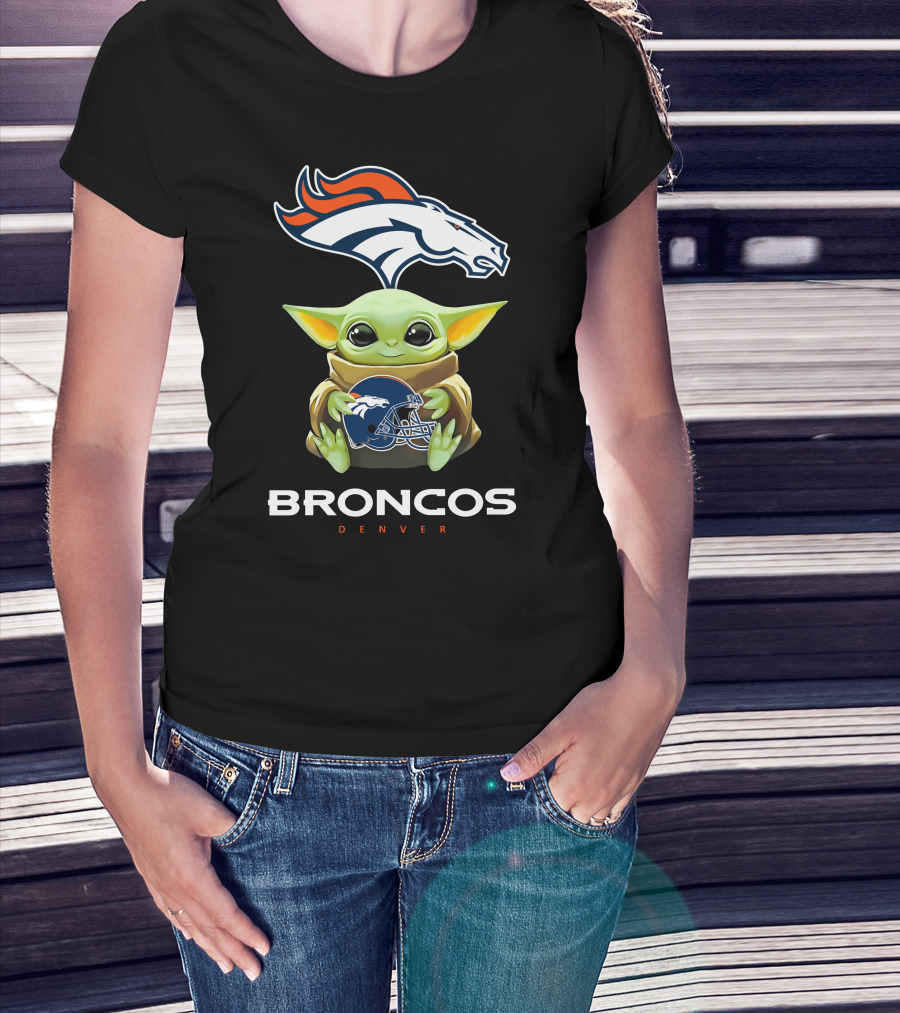 Baby Yoda Holding Denver Broncos Helmet With Broncos T-Shirt