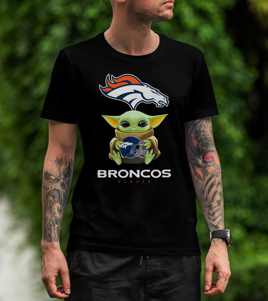 Baby Yoda Holding Denver Broncos Helmet With Broncos T-Shirt