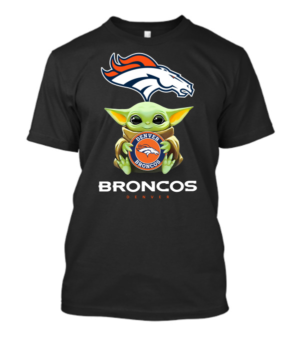 Baby Yoda Holding Denver Broncos Emblem With Broncos T-Shirt