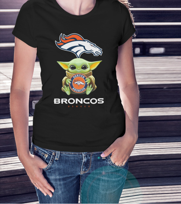 Baby Yoda Holding Denver Broncos Emblem With Broncos T-Shirt