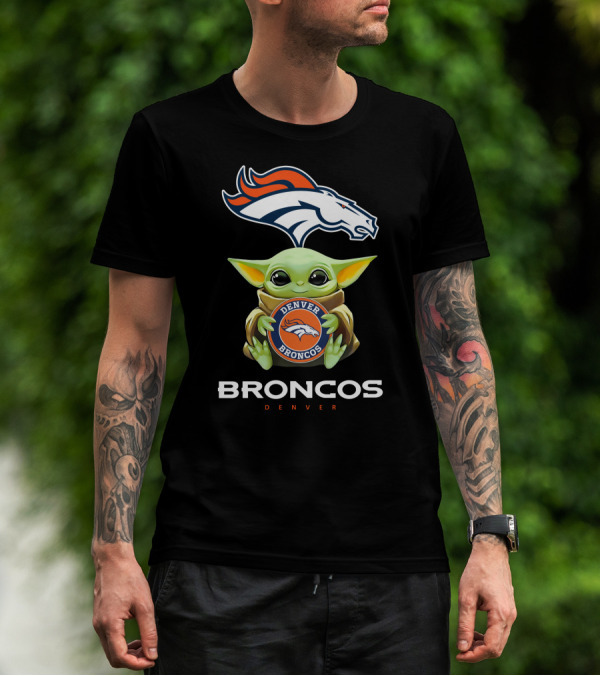 Baby Yoda Holding Denver Broncos Emblem With Broncos T-Shirt