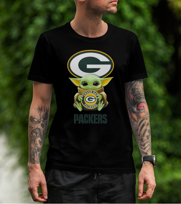 Baby Yoda With Green Bay Packers Symbol And Text T-Shirt