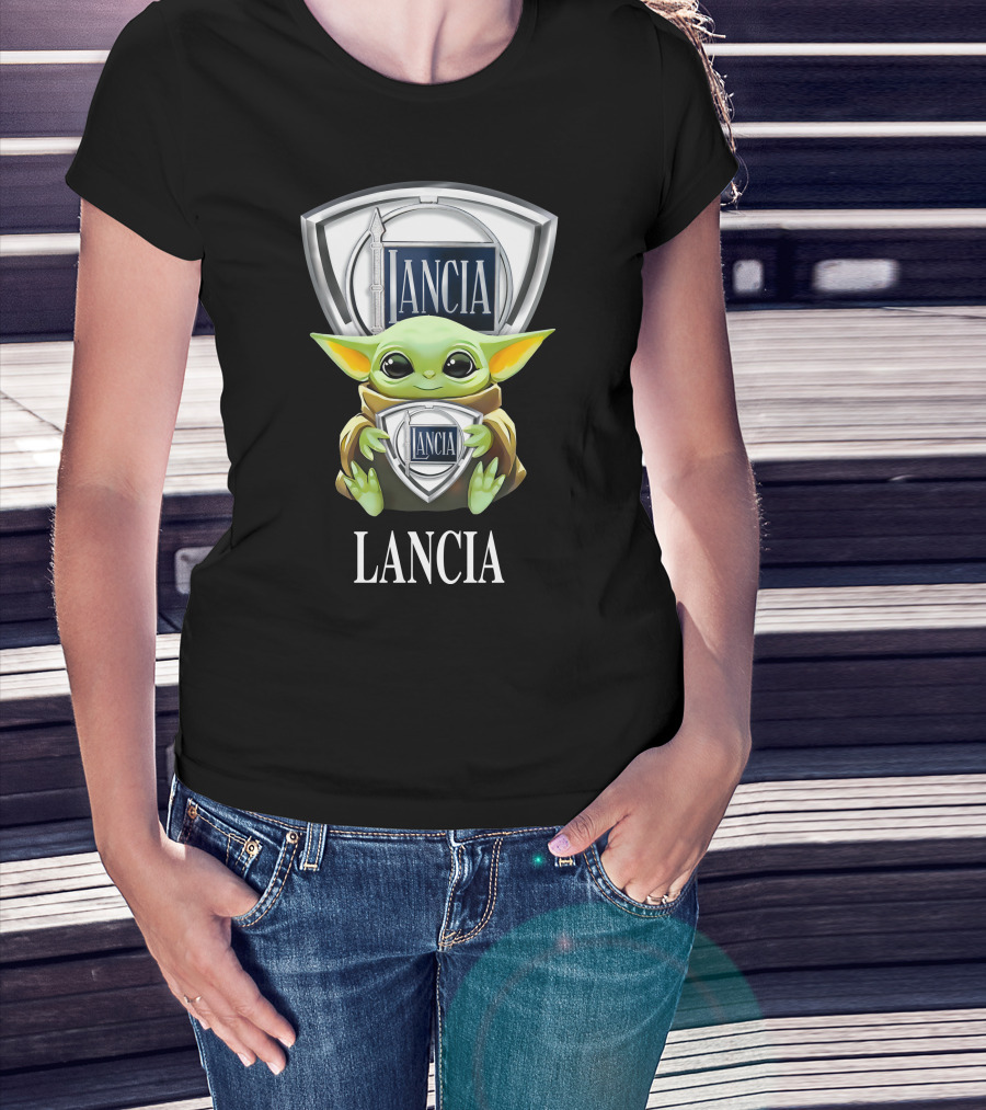Baby Yoda Holding Lancia Logo With Lancia Text T-Shirt