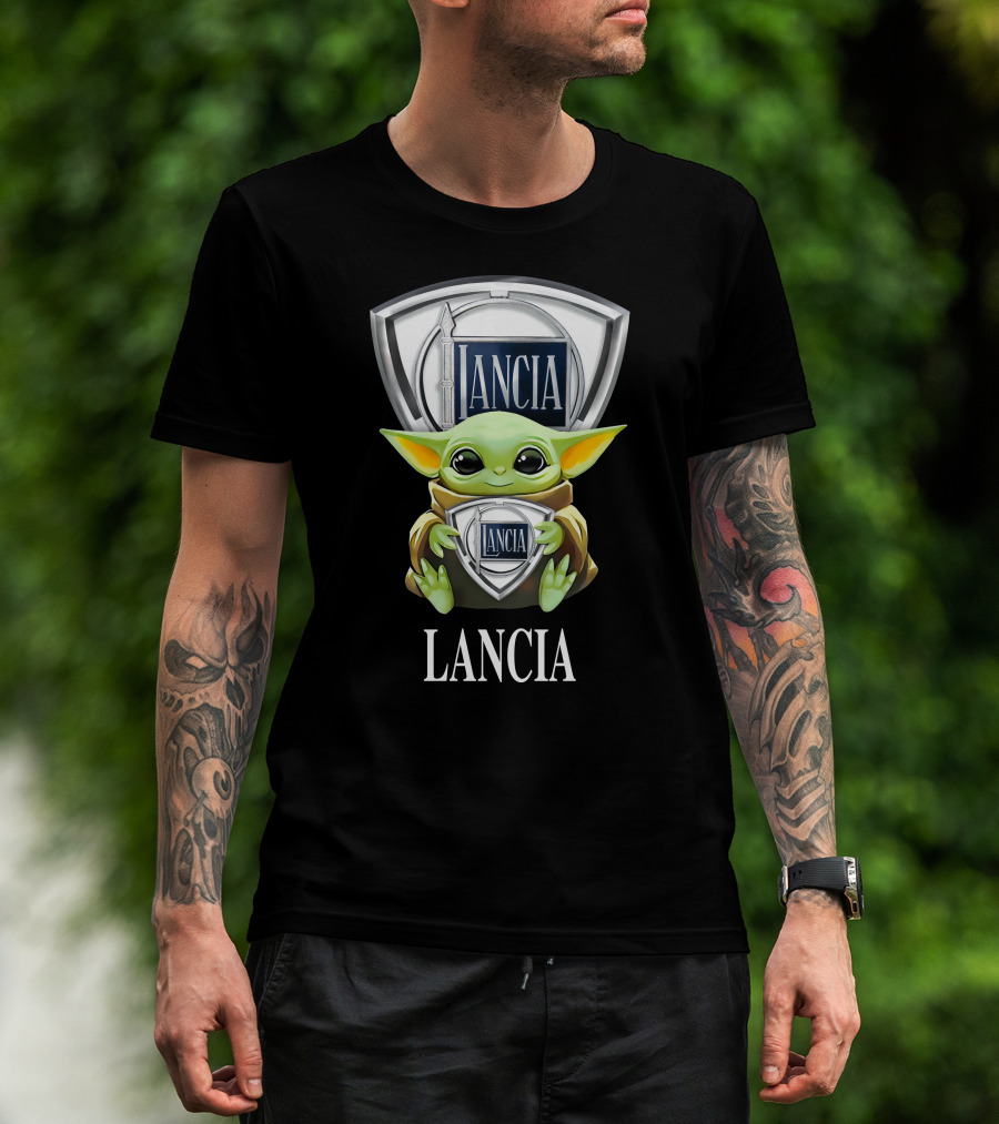 Baby Yoda Holding Lancia Logo With Lancia Text T-Shirt
