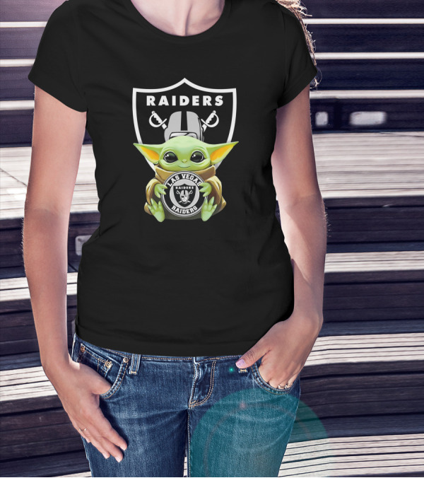 Baby Yoda Holding Las Vegas Raiders Emblem T-Shirt