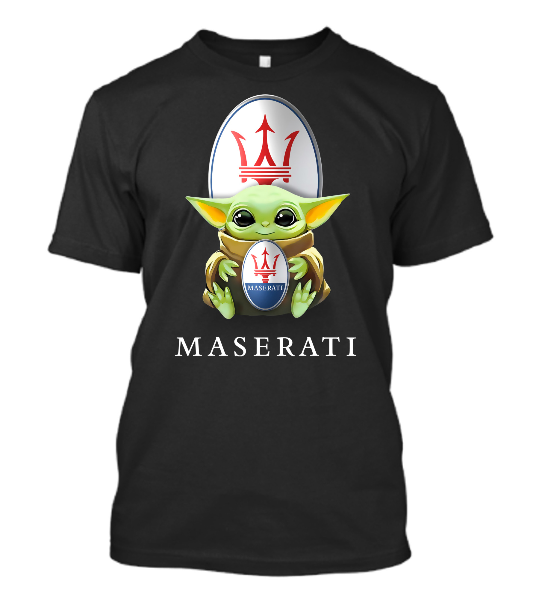 Baby Yoda Holding Maserati Emblem Trident T-Shirt