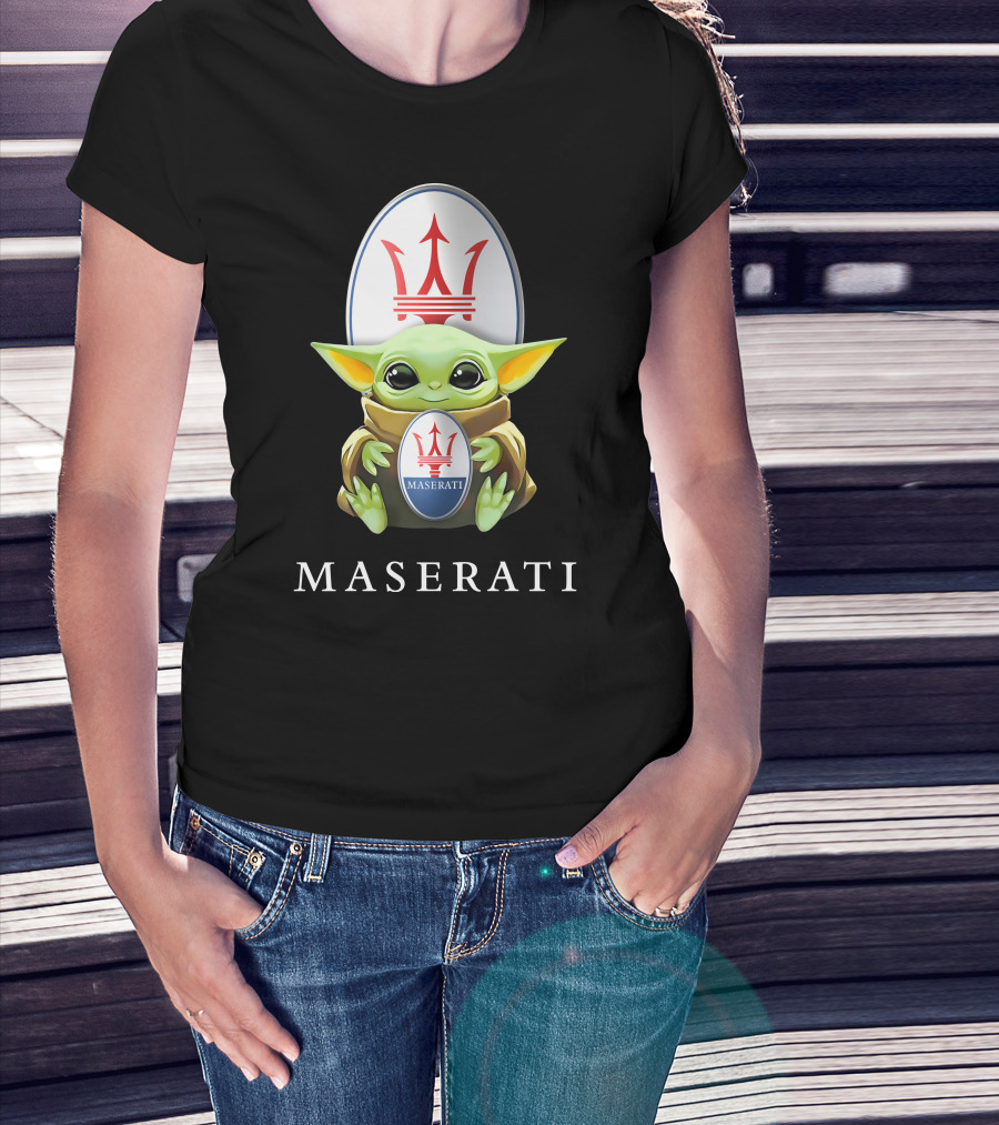 Baby Yoda Holding Maserati Emblem Trident T-Shirt