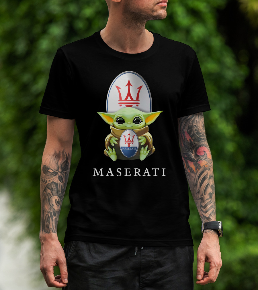 Baby Yoda Holding Maserati Emblem Trident T-Shirt