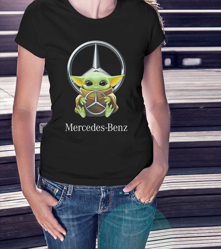 Baby Yoda Cuddles Mercedes-Benz Logo Black T-Shirt