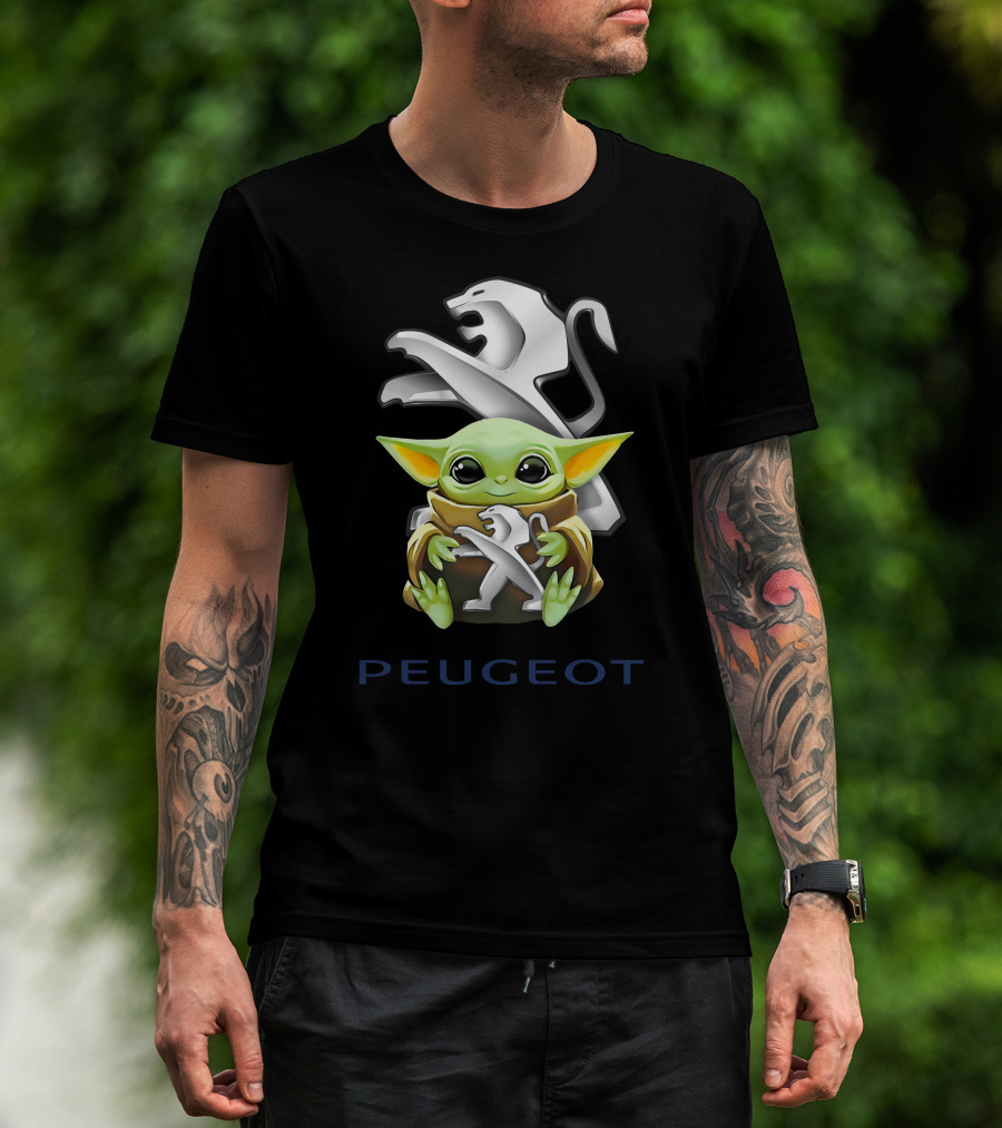 Baby Yoda Embracing Peugeot Lion T-Shirt
