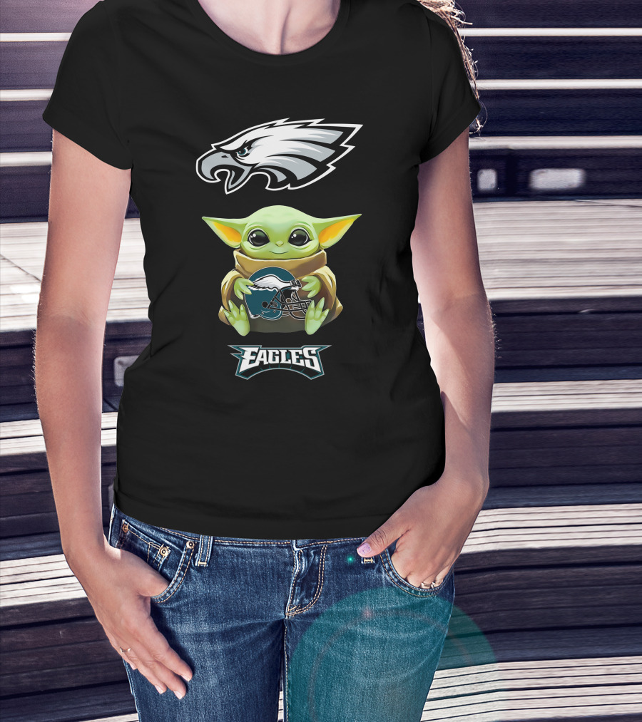 Baby Yoda Holding Philadelphia Eagles Helmet With Eagles T-Shirt