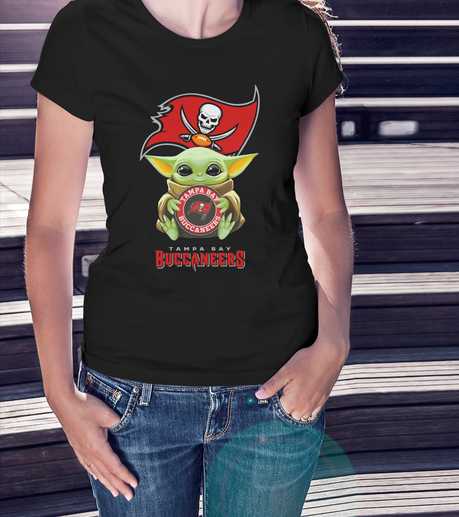 Baby Yoda Tampa Bay Buccaneers Hug With Logo And Helmet Flag T-Shirt